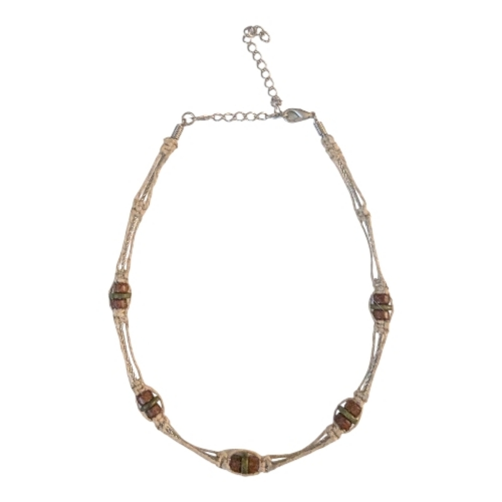Boho Hemp Necklace on Wire Cable w/ Wooden Beads Adjustable Unisex Brown Green